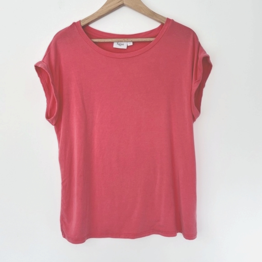 Super soft coral pink rolled sleeve tee, T-shirt, pink shirt, pink summer top